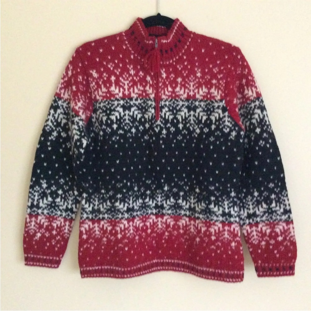 Lauren Ralph Lauren Hand Knit Red Black & White 1/4 Zip Wool Blend Sweater  S